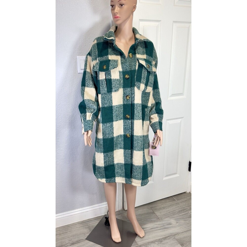 Avec Les Filles Women’s M Plaid Shacket Long Coat Green Cream Oversized NWT